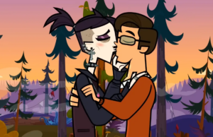 Tristan, een non-binaire gothic-bewoner van ‘Disventure Camp’, krijgt een zoete kus in een nieuwe aflevering